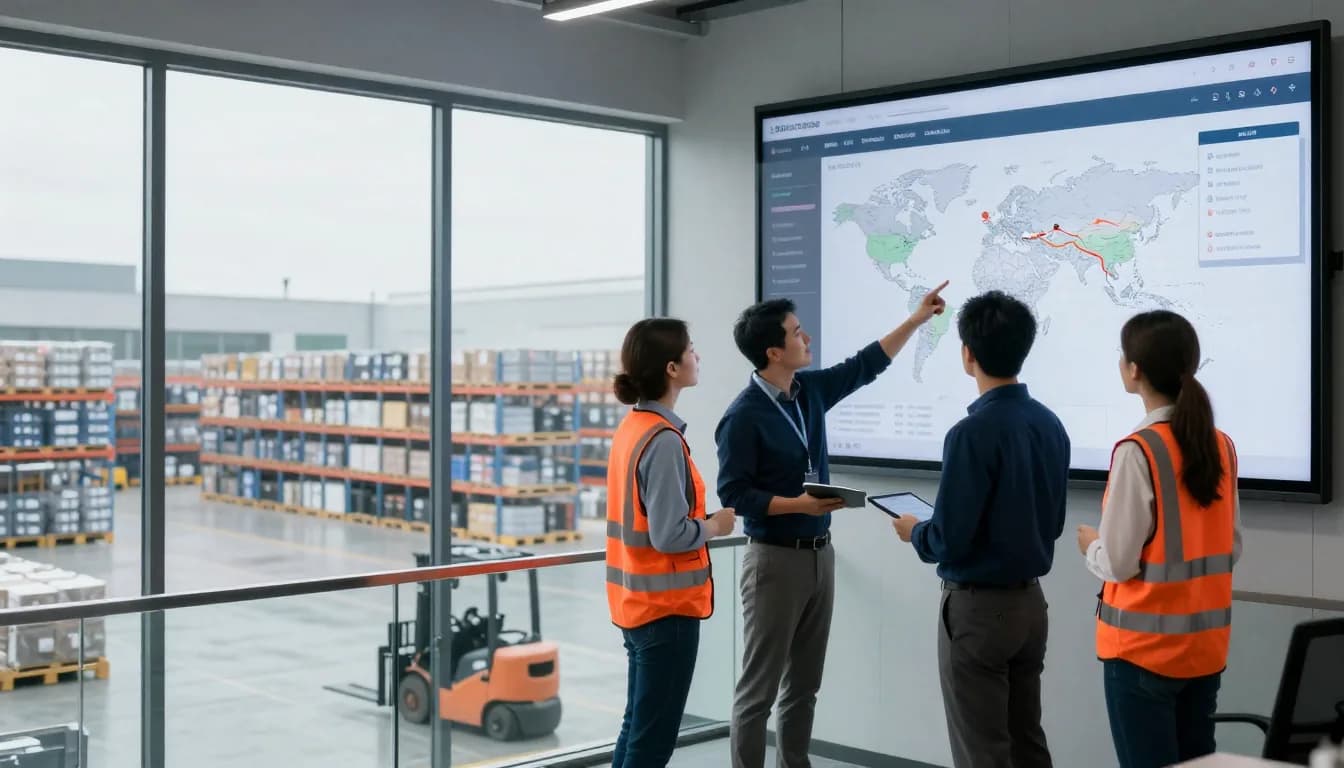 UCL Cargo logistics team reviewing global shipment routes overlooking an active warehouse floor