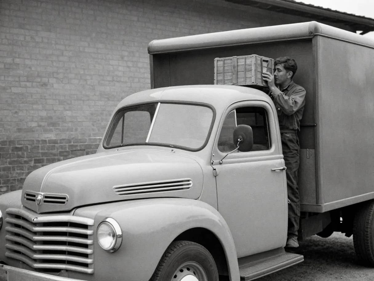 Vintage black-and-white photograph of an early logistics delivery truck