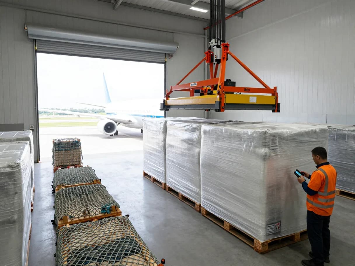 Warehouse operative scanning palletized air freight cargo inside a charter air cargo terminal