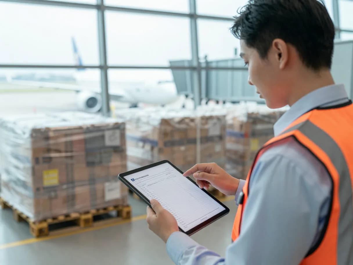 Customs compliance officer reviewing an air waybill beside palletized air cargo