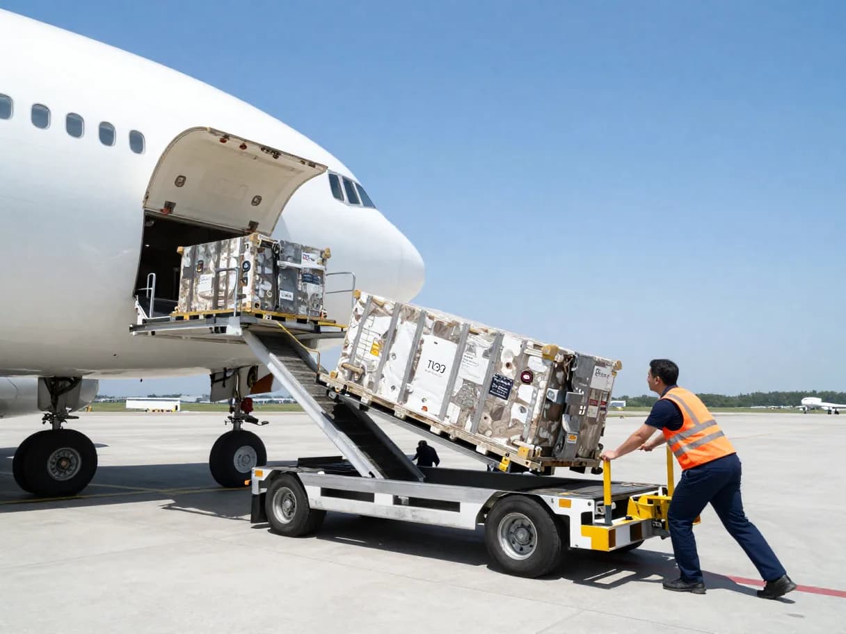 Ground crew loading a unit-load device cargo container onto a freighter aircraft