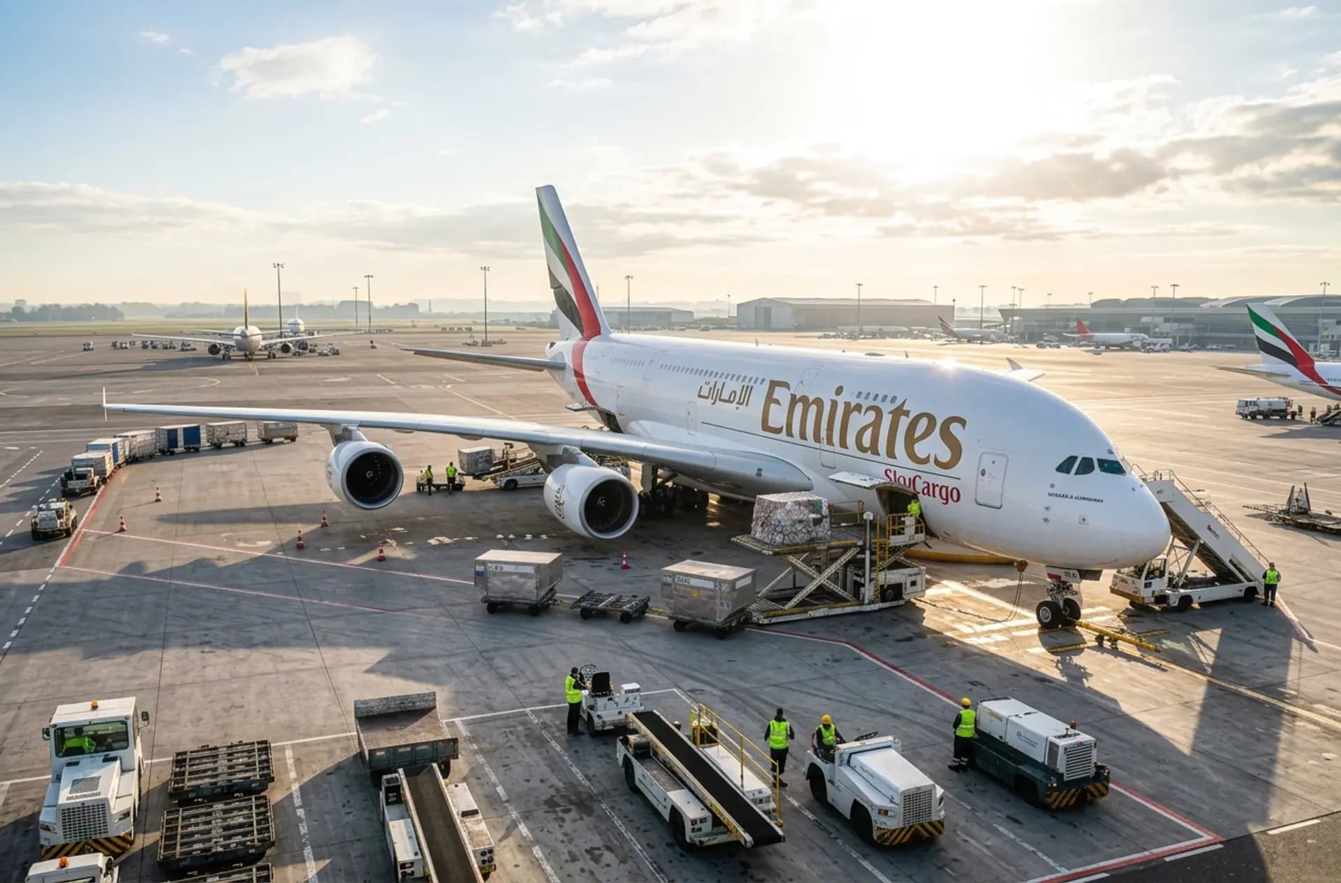 Emirates SkyCargo A380 parked on the apron at sunrise while ground crew load palletized air cargo from loaders and dollies