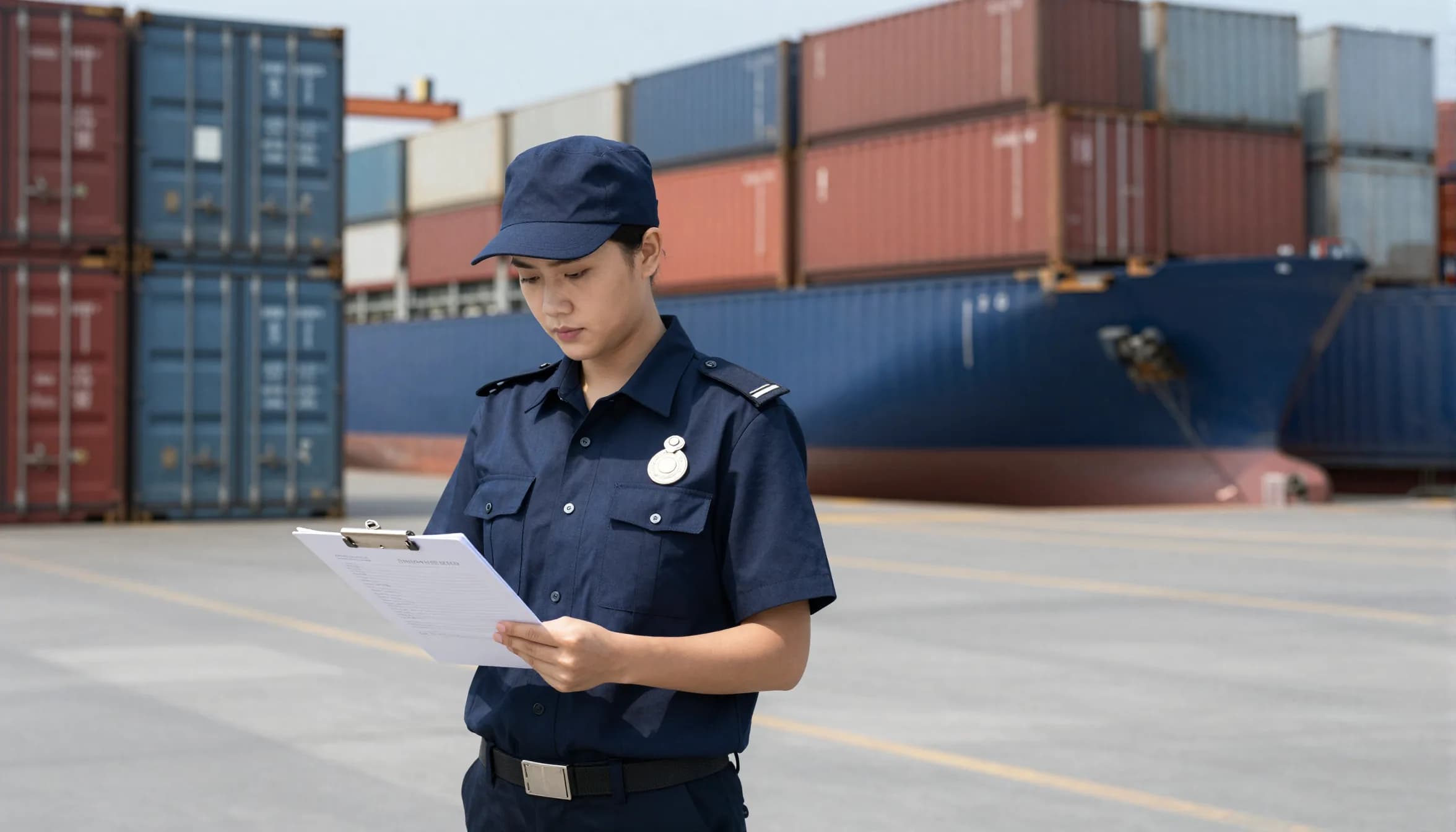 Customs officer reviewing shipping documents at a container port