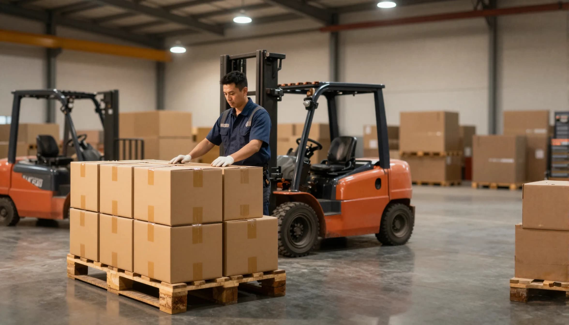 Warehouse worker consolidating cargo boxes onto a pallet for LCL shipping