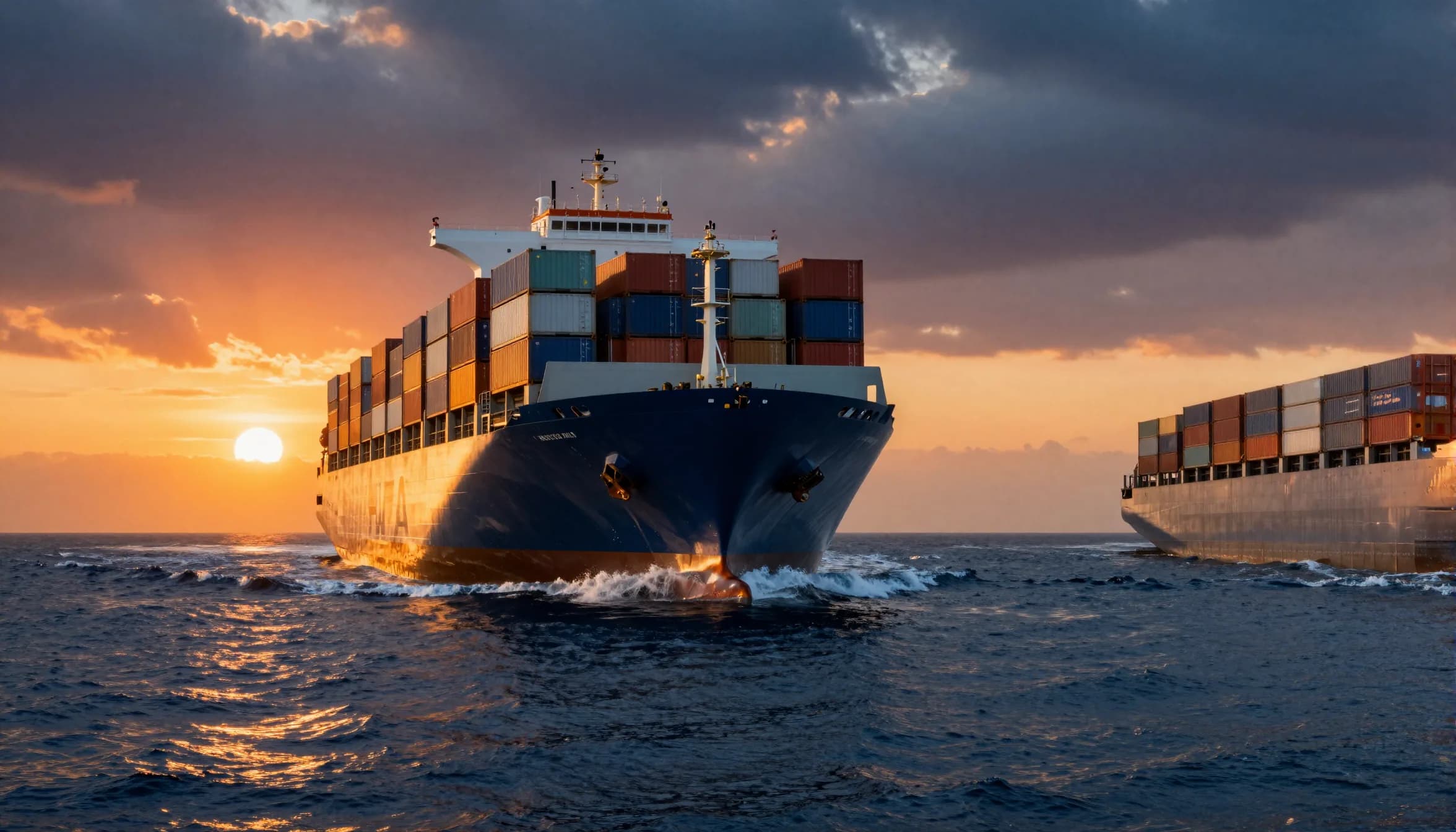 Large container cargo ship crossing the ocean at golden sunset
