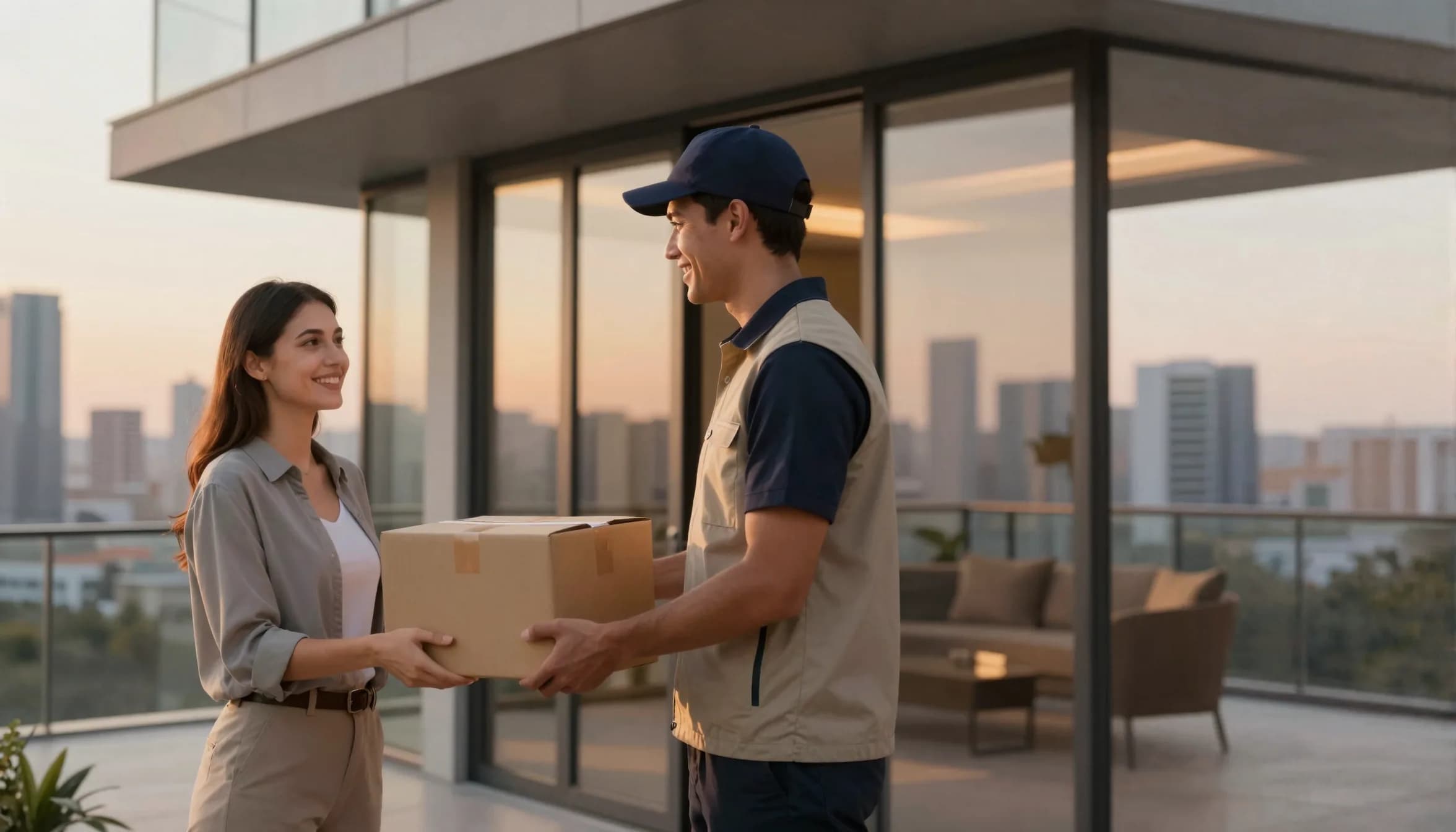Courier handing a parcel to a resident on a high-rise balcony at golden sunset, with the city skyline behind them