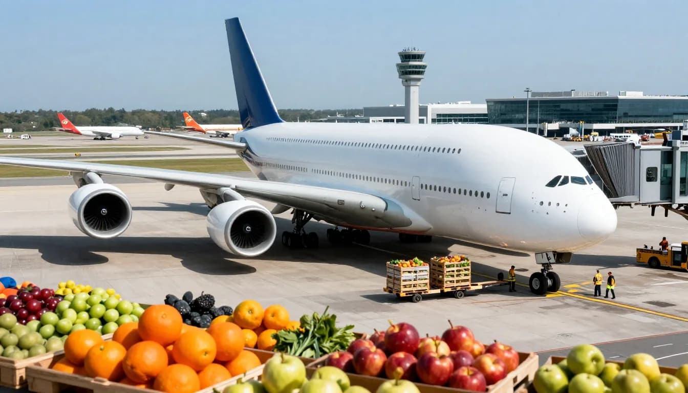 Airbus A380 cargo aircraft at a busy European airport apron with pallets of fresh fruits and vegetables staged for loading in bright daylight
