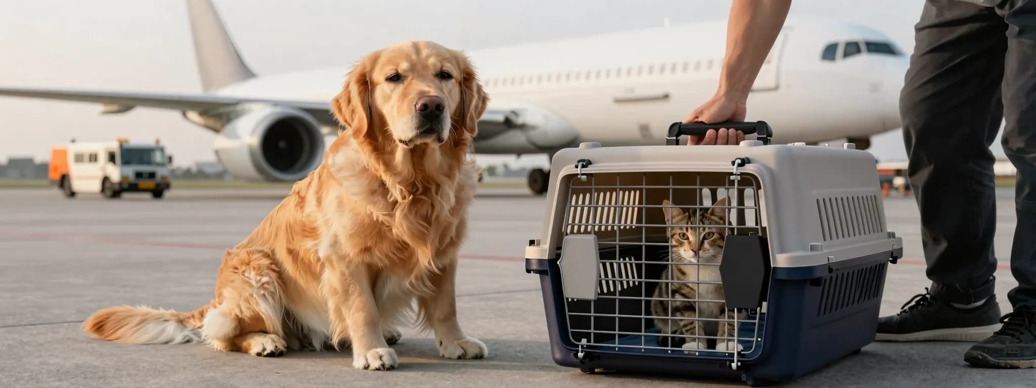 A calm golden retriever waiting on the airport tarmac beside a ventilated pet travel crate carrying a tabby cat, with a commercial aircraft behind them
